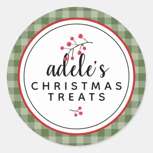 Farmhouse Plaid Christmas Treats Personalized Classic Round Sticker