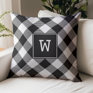 Farmhouse Plaid Diagonal Black and White Monogram Throw Pillow