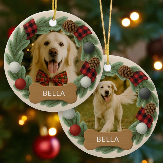 Farmhouse Plaid Dog Name Photo Holiday Christmas Ceramic Ornament (Creator Uploaded)