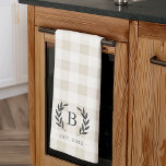 Farmhouse Plaid Laurel Monogram & Year Established Kitchen Towel<br><div class="desc">On-trend farmhouse style monogrammed kitchen towels feature your single initial monogram and year established in classic lettering with laurel leaf accents,  on a tonal buffalo plaid background in chic neutral colors.</div>