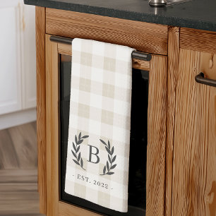 Farmhouse Plaid Laurel Monogram & Year Established Kitchen Towel