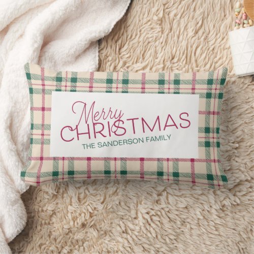 Farmhouse Plaid Merry Christmas Family Name Throw Lumbar Pillow