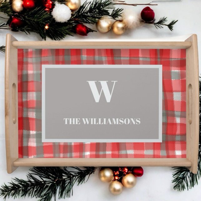 Farmhouse plaid monogram name red gray watercolor  serving tray (Creator Uploaded)