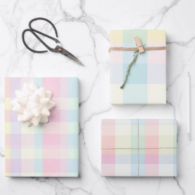 Farmhouse Plaid Pastel Pink Yellow Blue Mix Wrapping Paper Sheets (Front)