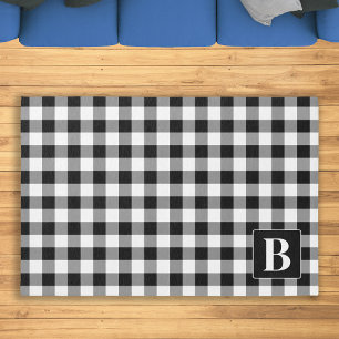 Farmhouse Plaid Personalized Monogram Black White Rug
