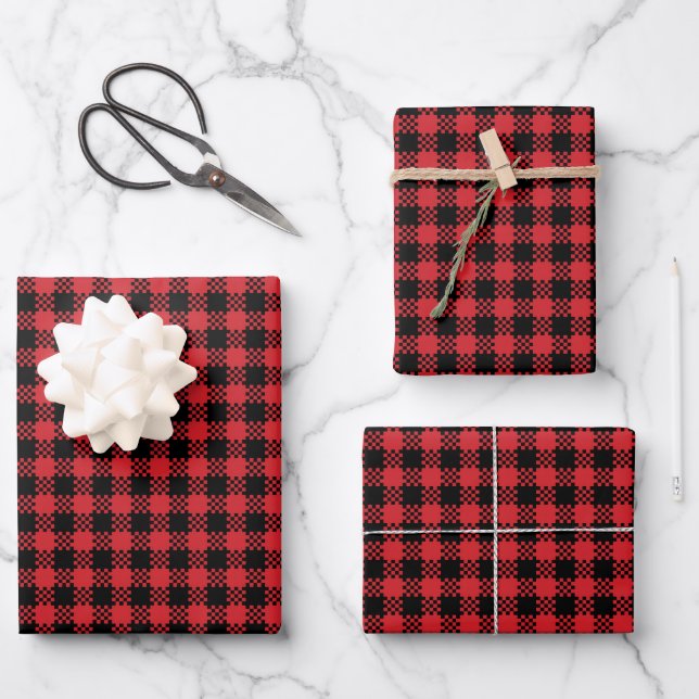 Farmhouse plaid red black rustic buffalo pattern wrapping paper sheets (Front)