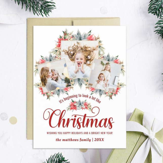 Farmhouse Poinsettia 3 Photo Collage Magnetic Card (Creator Uploaded)