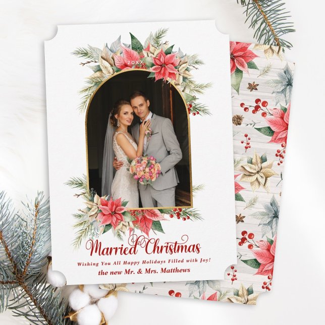 Farmhouse Poinsettia Arched Wedding Photography Holiday Card (Creator Uploaded)