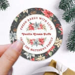 Farmhouse Poinsettia Baked with Love Christmas Classic Round Sticker<br><div class="desc">From the Farmhouse Poinsettia Christmas & Holiday Collection: Farmhouse Poinsettia Baked with Love Holiday, with Beautiful Curved Typography and Personalized Food Name and Text. Easily customize text for this pretty Christmas label Template. In 4 different colorway options, this option features a black background color, and pretty watercolor poinsettia and greenery...</div>