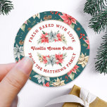 Farmhouse Poinsettia Baked with Love Christmas Classic Round Sticker<br><div class="desc">From the Farmhouse Poinsettia Christmas & Holiday Collection: Farmhouse Poinsettia Baked with Love Holiday, with Beautiful Curved Typography and Personalized Food Name and Text. Easily customize text for this pretty Christmas label Template. In 4 different colorway options, this option features a teal green background color, and pretty watercolor poinsettia and...</div>