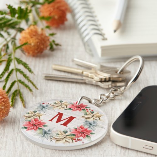 Farmhouse Poinsettia Chic Winter Wreath Monogram Keychain