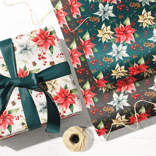 Farmhouse Poinsettia Christmas  Holiday Wrapping Paper Sheets