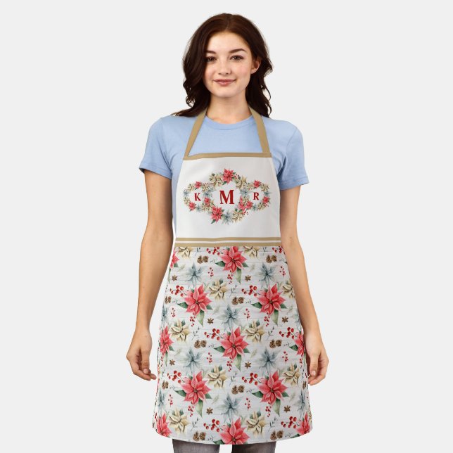 Farmhouse Poinsettia Christmas Monogram Holiday Apron (Worn)