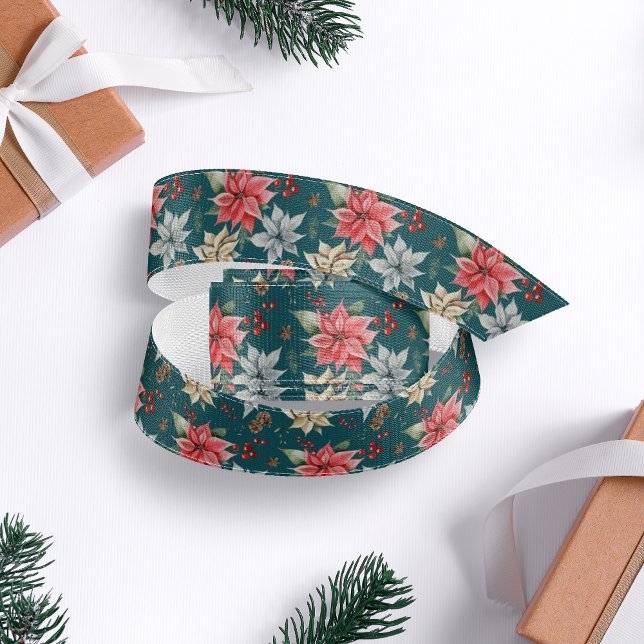 Farmhouse Poinsettia Dark Teal Rustic Christmas Grosgrain Ribbon (Creator Uploaded)