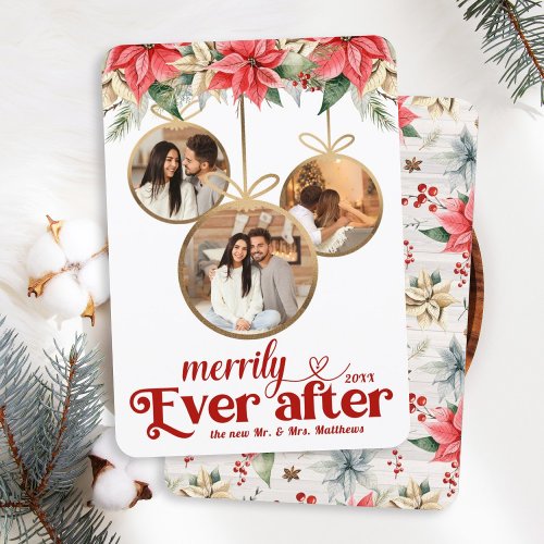 Farmhouse Poinsettia Merrily Ever After Newlyweds Holiday Card