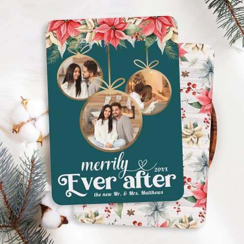 Farmhouse Poinsettia Merrily Ever After Newlyweds  Holiday Card