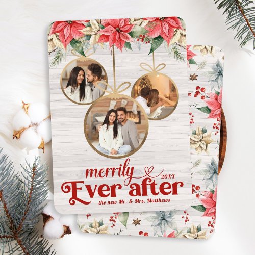 Farmhouse Poinsettia Merrily Ever After Newlyweds Holiday Card