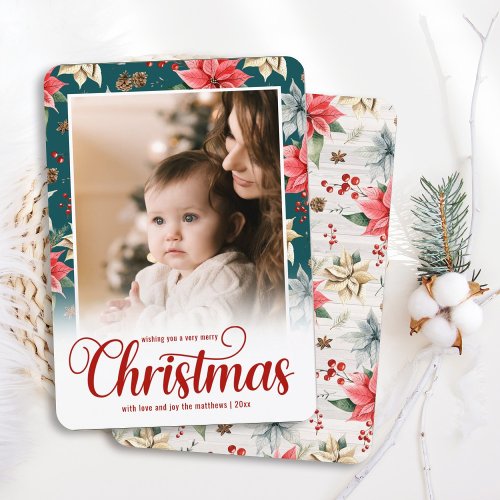 Farmhouse Poinsettia Merry Christmas Family Photo Holiday Card