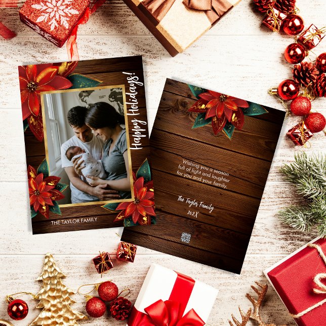 Farmhouse Poinsettia Merry Christmas Family Photo  Holiday Card (Creator Uploaded)