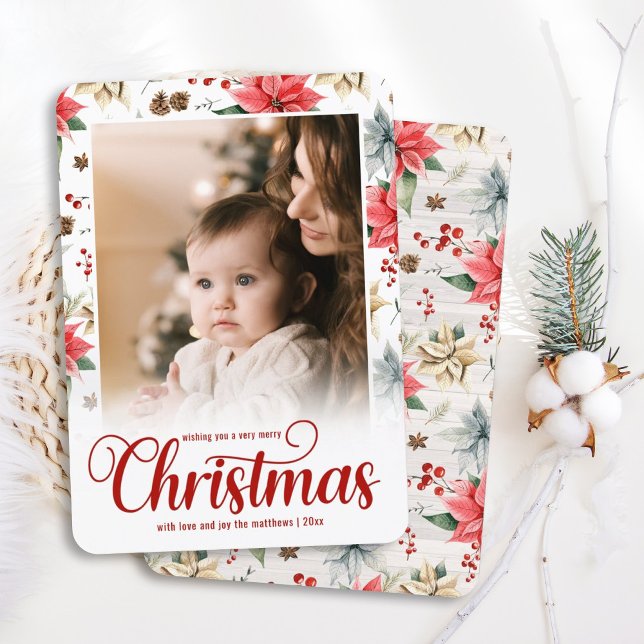 Farmhouse Poinsettia Merry Christmas Family Photo Holiday Card (Creator Uploaded)