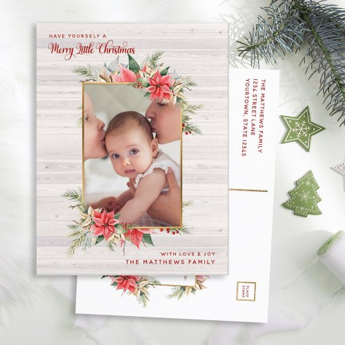 Farmhouse Poinsettia Merry Little Christmas Photo Holiday Postcard