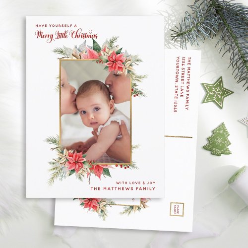 Farmhouse Poinsettia Merry Little Christmas Photo  Holiday Postcard