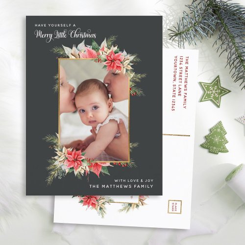 Farmhouse Poinsettia Merry Little Christmas Photo Holiday Postcard