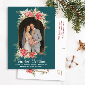 Farmhouse Poinsettia Modern Arched Newlyweds Photo Holiday Postcard by GraphicBrat at Zazzle