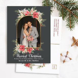 Farmhouse Poinsettia Modern Arched Newlyweds Photo Holiday Postcard