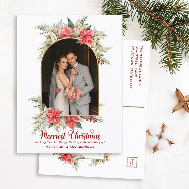 Farmhouse Poinsettia Modern Arched Newlyweds Photo Holiday Postcard (Creator Uploaded)