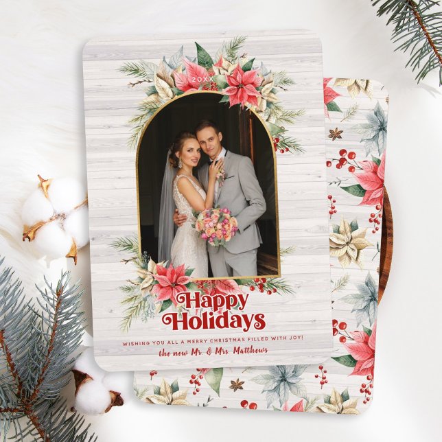 Farmhouse Poinsettia Newlywed Arched Wedding Photo Holiday Card (Creator Uploaded)