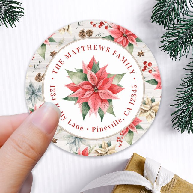 Farmhouse Poinsettia Round Return Address Label (Creator Uploaded)