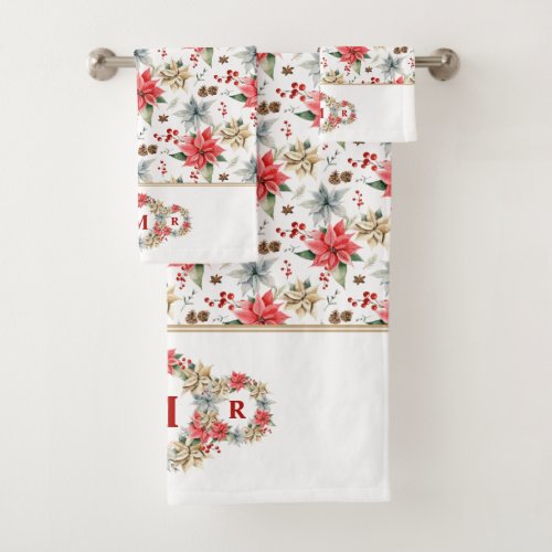 Farmhouse Poinsettia Rustic Christmas Monogrammed Bath Towel Set