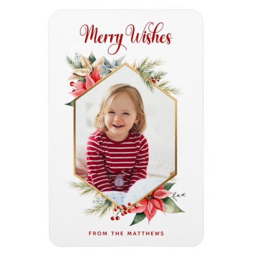 Farmhouse Poinsettia Rustic Hexagon Holiday Photo Magnet