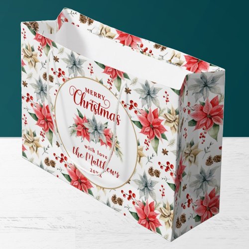 Farmhouse Poinsettia Rustic Merry Christmas Large Gift Bag