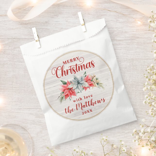 Farmhouse Poinsettia Rustic Merry Christmas Wood Favor Bag (Clipped)