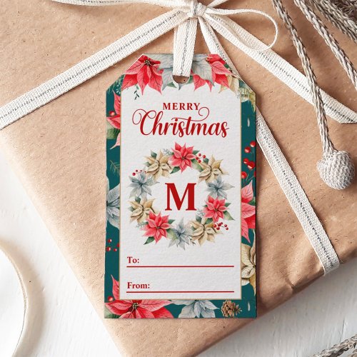 Farmhouse Poinsettia Rustic Monogrammed Christmas Gift Tags
