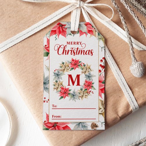 Farmhouse Poinsettia Rustic Monogrammed Christmas Gift Tags