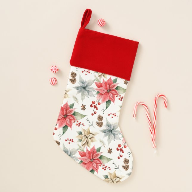 Farmhouse Poinsettia Rustic Winter Foliage Christmas Stocking (Front)