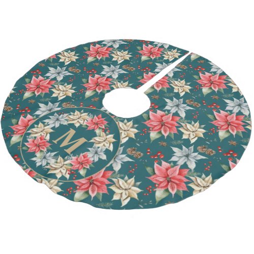 Farmhouse Poinsettia Rustic Winter Foliage Teal Brushed Polyester Tree Skirt