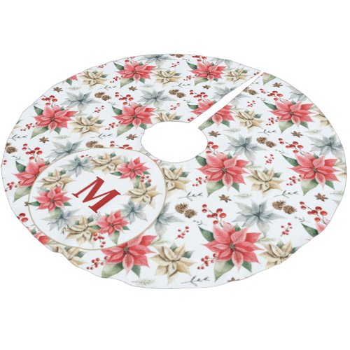 Farmhouse Poinsettia Rustic Winter Foliage White Brushed Polyester Tree Skirt