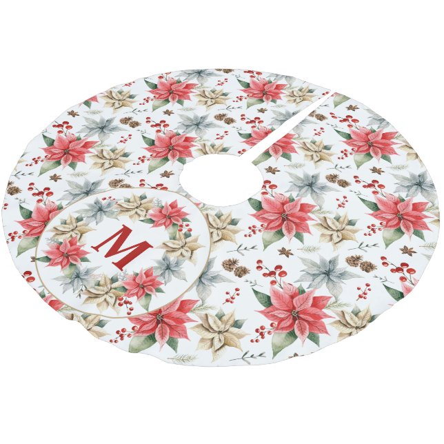 Farmhouse Poinsettia Rustic Winter Foliage White Brushed Polyester Tree Skirt (Angled)