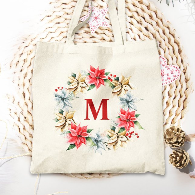 Farmhouse Poinsettia Rustic Winter Wreath Monogram Tote Bag (Creator Uploaded)