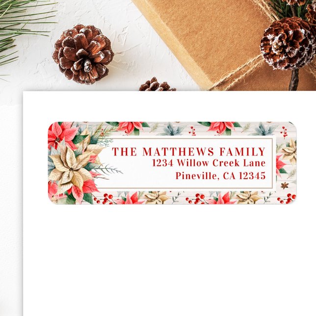 Farmhouse Poinsettia Rustic Wood Return Address Label (Creator Uploaded)