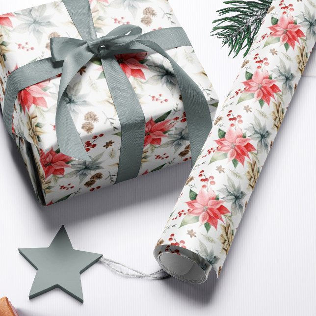 Farmhouse Poinsettia White Rustic Christmas Wrapping Paper (Creator Uploaded)