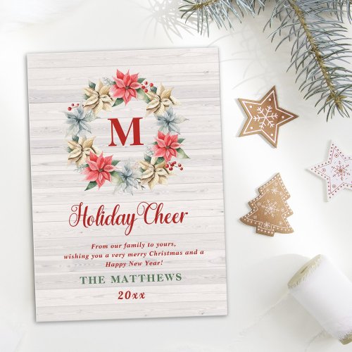 Farmhouse Poinsettia Wreath with Letter Monogram Holiday Card