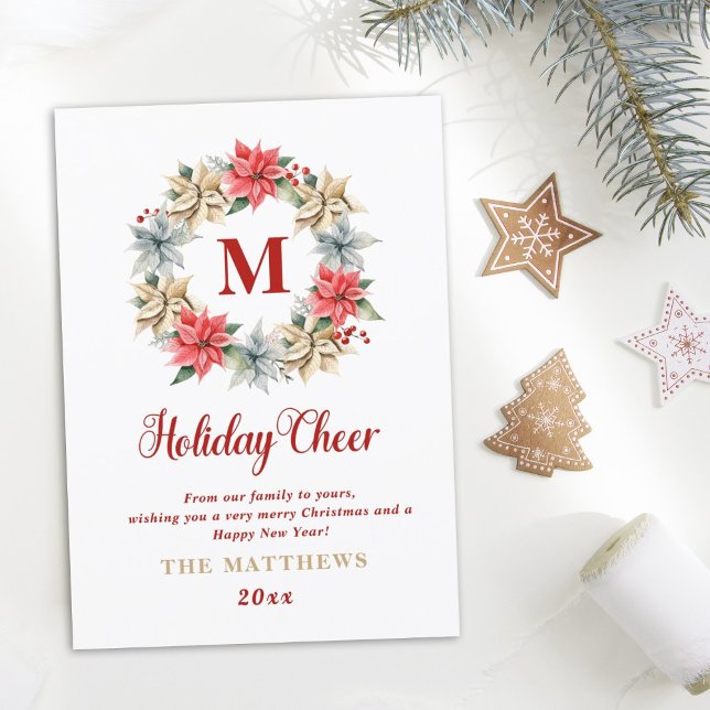 Farmhouse Poinsettia Wreath with Letter Monogram Holiday Card (Creator Uploaded)