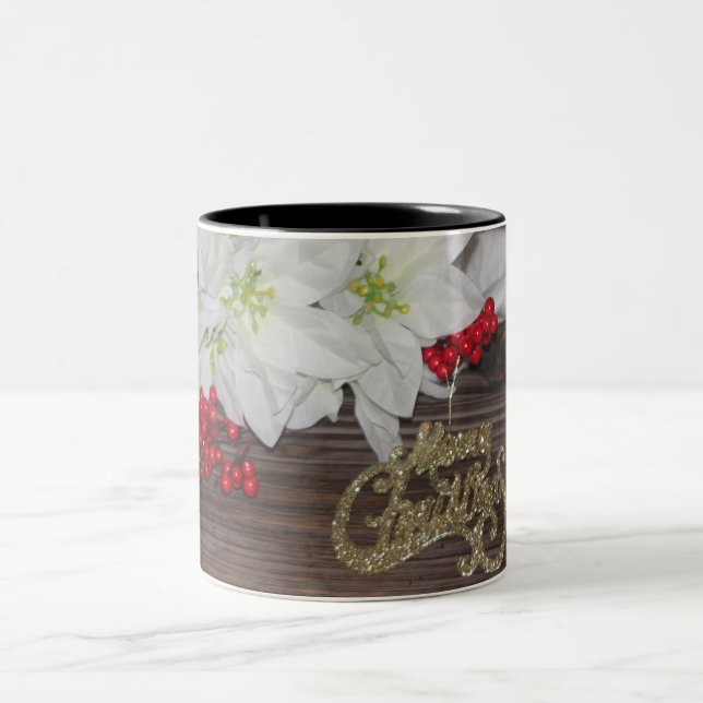 Farmhouse Poinsettias Berries Christmas White Gold Two-Tone Coffee Mug (Center)