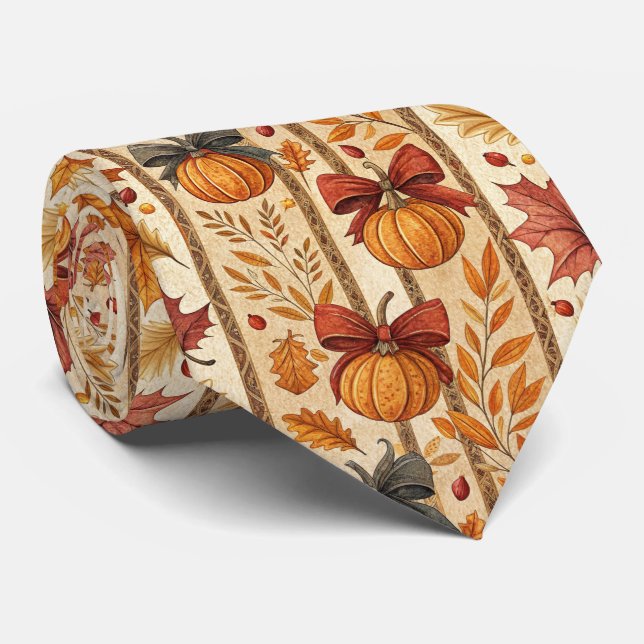 Farmhouse Pumpkin Bow Autumn Pattern Neck Tie (Rolled)