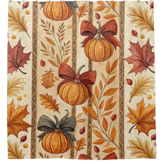 Farmhouse Pumpkin Bow Autumn Pattern Shower Curtain (Front)